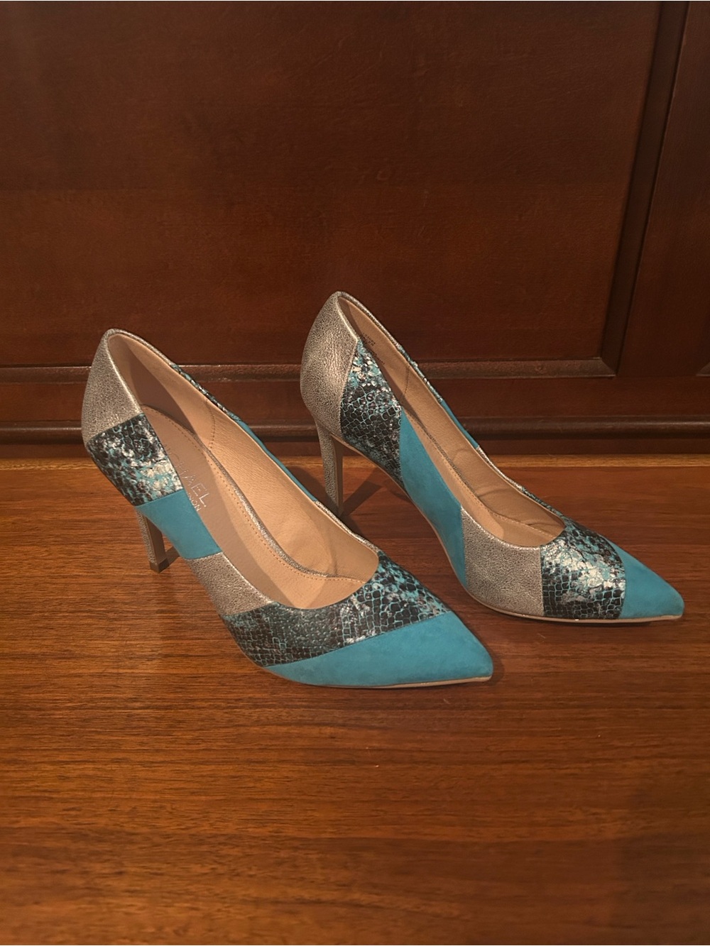 Michael Shannon Teal and Silver Patchwork Pointed Pumps